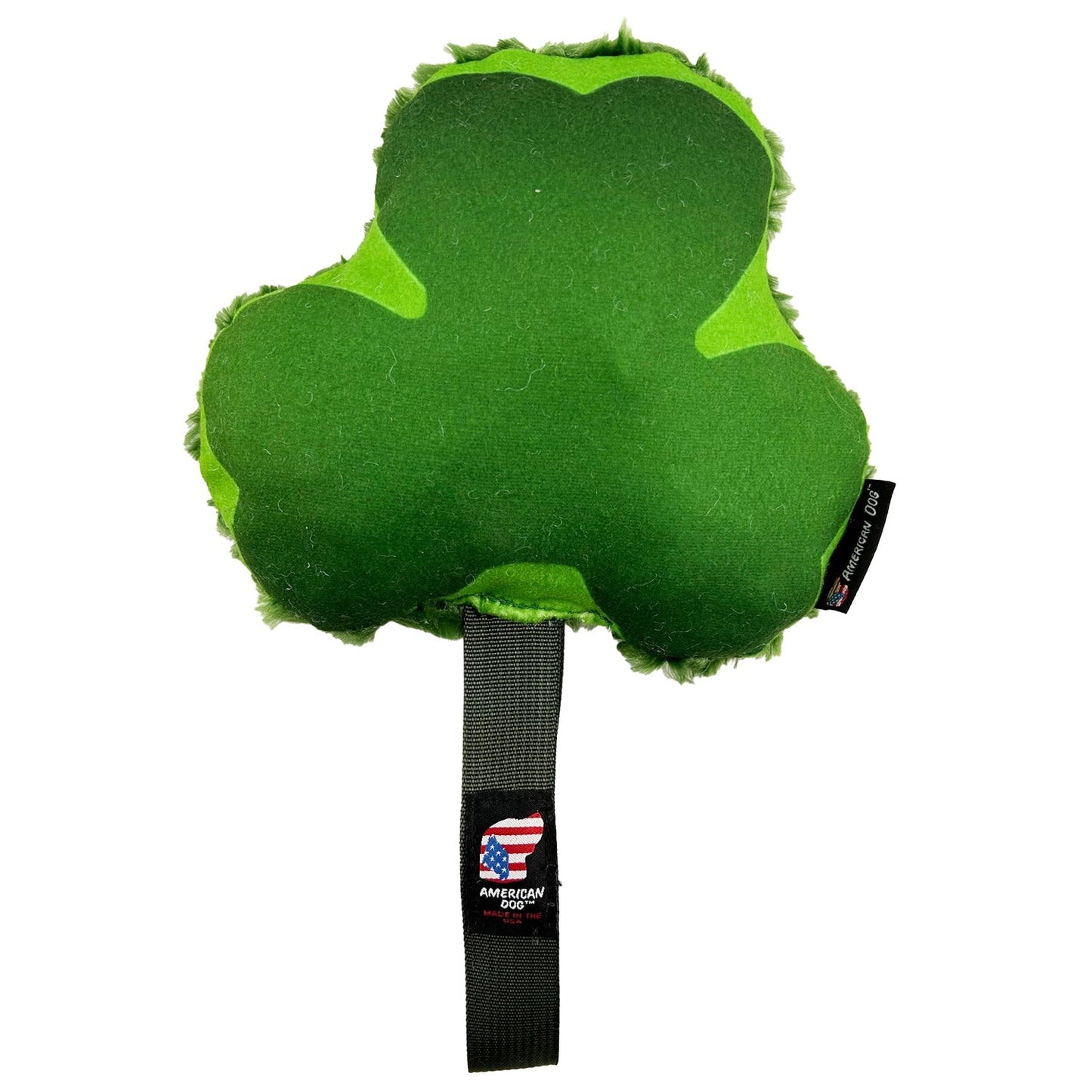 Green fleece in the shape of a Shamrock and with a green handle. 